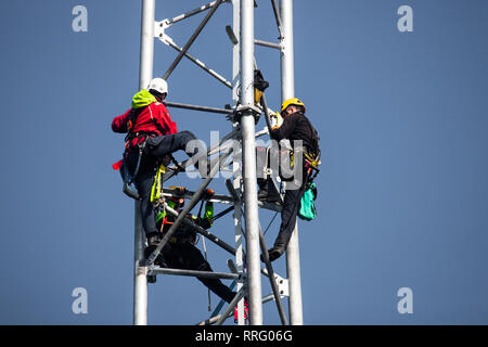 Caprini Croce, Crosshaven, Cork, Irlanda. Il 26 febbraio, 2019. Gli ingegneri delle telecomunicazioni aloft una nuova comunicazione il montante per 5G tecnologia, essendo installato in corrispondenza di capra, Croce Crosshaven, Co. Cork, Irlanda. Credito: David Creedon/Alamy Live News Foto Stock