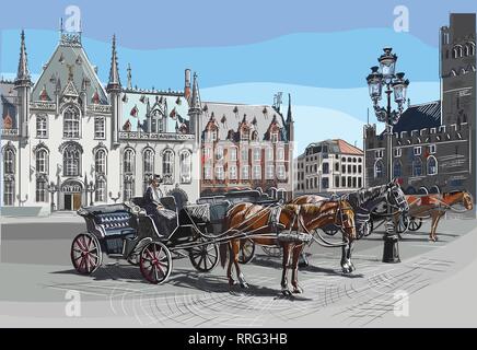 Vista sul Grote Markt Square nella città medievale di Bruges, Belgio. Punto di riferimento del Belgio. Cavalli, carri e lanterne sulla piazza del mercato di Bruges. Colorata Illustrazione Vettoriale