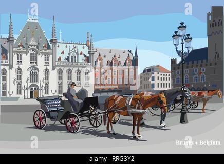 Vista sul Grote Markt Square nella città medievale di Bruges, Belgio. Punto di riferimento del Belgio. Cavalli, carri e lanterne sulla piazza del mercato di Bruges. Colorata Illustrazione Vettoriale