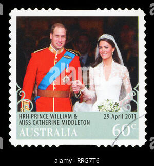 AUSTRALIA - circa 2011: un francobollo stampato in Australia mostra un'immagine del principe Williams e Kate Middleton Royal Wedding, circa 2011. Foto Stock