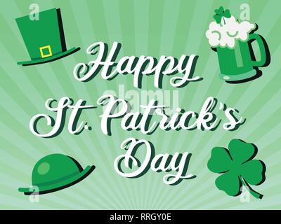 Il giorno di san patrizio festa di saluto con felice il giorno di San Patrizio nel testo verde e bicchiere di birra, cappelli e shamrock fiori - illustrazione vettoriale Illustrazione Vettoriale
