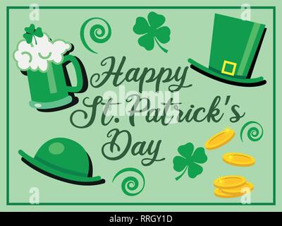 Il giorno di san patrizio festa di saluto con felice il giorno di San Patrizio nel testo verde e bicchiere di birra, cappelli e shamrock fiori - illustrazione vettoriale Illustrazione Vettoriale
