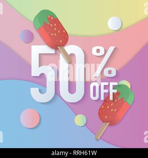 Estate Vendita banner 50% 3D gradiente pastello colorato ghiaccioli gelati curva linea d'onda. Idea per sia per la stampa e il web design di promozione Illustrazione Vettoriale