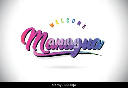 Managua Benvenuti alla parola del testo con Creative purple rosa Font manoscritta e Swoosh Design Forma illustrazione vettoriale. Illustrazione Vettoriale