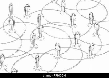 Alta risoluzione 3D'illustrazione dell'icona persone link da linee di comunicazione il cui rendering viene eseguito con un tecnico schematico stile. Foto Stock