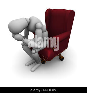 Super alta risoluzione 3D render di premuto Manichino seduto su executive sedia da ufficio. 3D illustrazione isolati su sfondo bianco. Foto Stock
