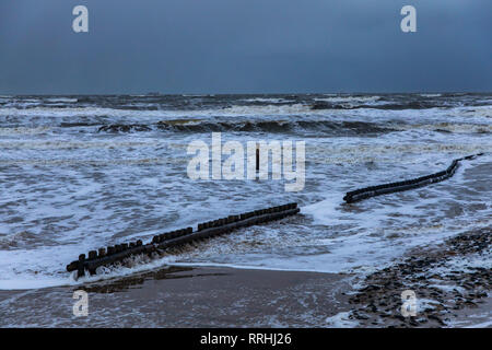 Ostfriesland, Insel Wangerooge, inverno, Strand, Sturm, Buhnen, Wellenbrecher, Foto Stock