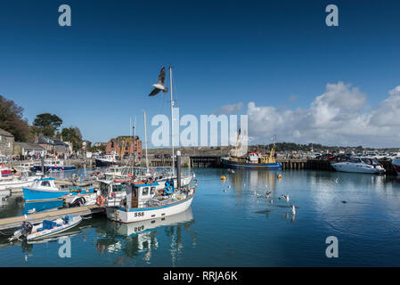 La molla di sole e cielo blu su yacht e barche da pesca ormeggiate nel porto di Padstow sulla North Cornwall coast. Foto Stock