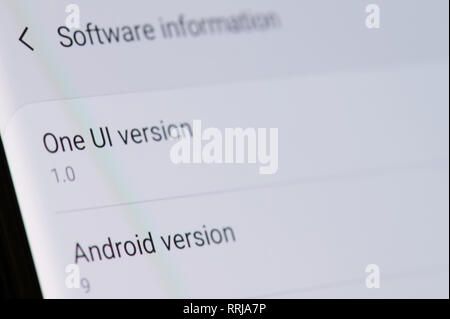 New york, Stati Uniti d'America - 25 febbraio 2019: nuovo aggiornamento software per android sullo schermo del dispositivo disturbato vista ravvicinata Foto Stock