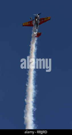 Jurgis Kairys, pilota di piombo per l'aria banditi antenna team di dimostrazione, esegue le manovre acrobatiche durante la pratica per il 2019 Australian Airshow internazionale e del settore aerospaziale e difesa esposizione di Geelong, Victoria, Australia, Feb 25, 2019. L'aria banditi sono costituiti da due Yak-52TW aeromobili e Kairys' one-of-a-kind aeromobile denominato Juka. (U.S. Air Force photo by Staff Sgt. Sergio A. Gamboa) Foto Stock