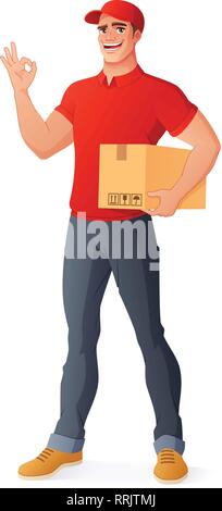 Sorridente corriere servizio di consegna uomo in uniforme della scatola di contenimento e mostra segno OK con la mano gesto. Lunghezza completa stile fumetto illustrazione vettoriale o isolato Illustrazione Vettoriale