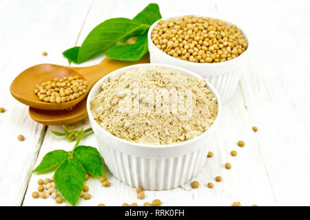 La farina di soia e semi di soia in due ciotole, cucchiai e foglie verdi contro un pannello di legno Foto Stock