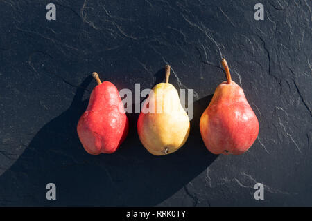 Tre di rosso e di giallo pere in nero ardesia in presenza di luce solare Foto Stock