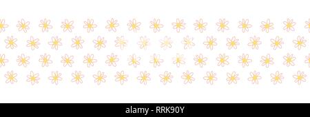Doodle fiori vettore senza giunture ripetere il confine. Disegnato a mano bordo floreale giallo corallo. Disegnata a mano semplice doodle ditsy fiore. Per la primavera, estate, pasqua, tessuto, abito, sfondo, scheda decor. Illustrazione Vettoriale