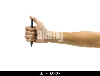 Tagliata di un man mano che tiene il nero digital mouse o penna isolati su sfondo bianco. Percorso di clipping includono per facile da usare per il vostro lavoro di design. Foto Stock