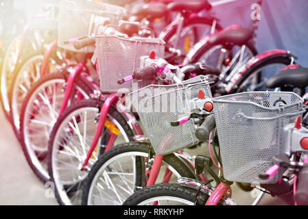 Fila di nuove biciclette con carrelli per gli acquisti nel negozio di sport Foto Stock