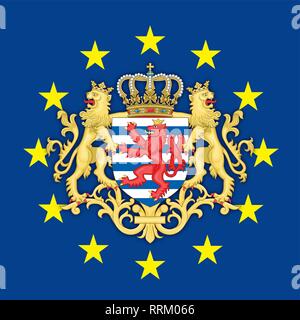 Lussemburgo stemma sulla bandiera dell'Unione europea, illustrazione vettoriale Illustrazione Vettoriale