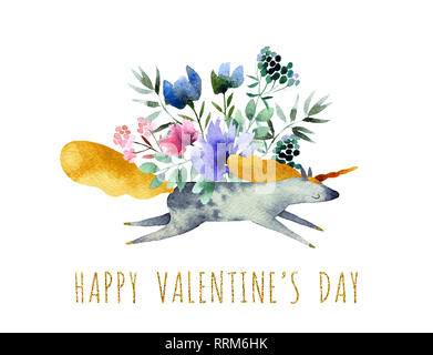 Bellissimo bouquet ad acquerello acquerello con unicorn isolati su sfondo bianco. Buon San Valentino cartolina. Foto Stock