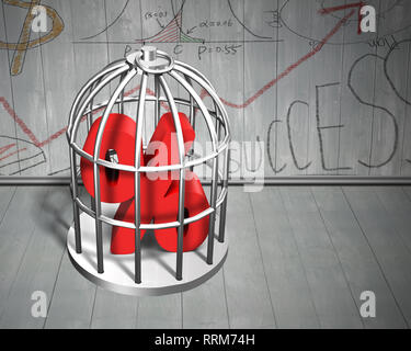 Rosso segno di percentuale nella gabbia d'argento sulla parete in legno e il pavimento dello sfondo. Foto Stock