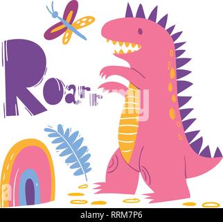 Cool dino poster con divertenti e dinosauri ruggito Illustrazione Vettoriale
