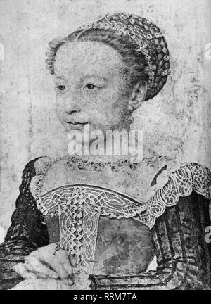 Margherita di Valois, 14.5.1553 - 27.3.1615, regina consorte di Francia e di Navarra, moglie di Enrico IV, ritratto, disegno da François Clouet, circa 1560, Additional-Rights-Clearance-Info-Not-Available Foto Stock