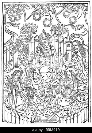 Santa Maria, la Vergine Madre, con il bambino, xilografia, 1418, Additional-Rights-Clearance-Info-Not-Available Foto Stock