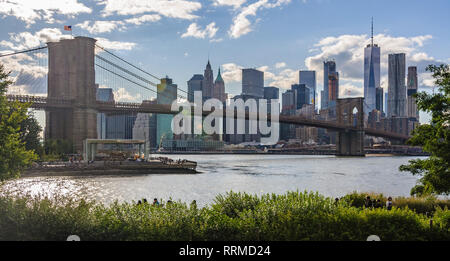 Lo skyline di New York da DUMBO nel quartiere di Brooklyn, New York, Stati Uniti d'America Foto Stock