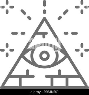 All Seeing Eye, triangolo, piramide icona linea. Illustrazione Vettoriale