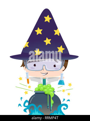 Illustrazione di un bambino ragazzo indossa Wizard Hat, tenendo il tubo di prova e il pallone e la cottura di alcuni Potion Foto Stock