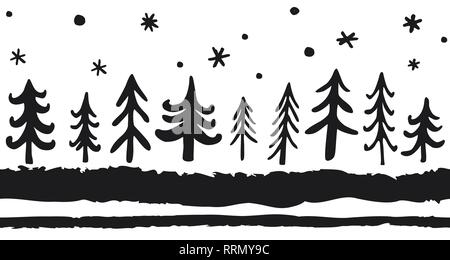 Vector disegnati a mano modello senza cuciture con doodle pini. Natale sfondo nordico. In bianco e nero. Illustrazione Vettoriale