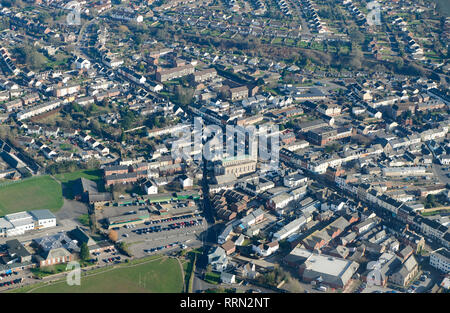 Una veduta aerea di Honiton Town Center, Devon, South West England, Regno Unito Foto Stock