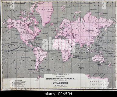 1868 Mitchell mondo mappa meteorologica che mostra la temperatura dell'oceano e l'anticipo dell'onda di marea in acqua alta Foto Stock