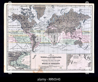 1868 Mitchell mappa meteorologica del mondo che mostra i venti e gli uragani e la loro influenza sulle rotte di navigazione Foto Stock