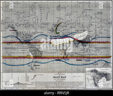1868 Mitchell Meteorologica Mondiale Mappa Meteo mostra Hyetographic Distribuzione di precipitazione di pioggia Foto Stock
