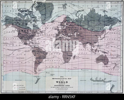 1868 Mitchell Meteorologica Mondiale che mostra Mappa Isoterme di temperatura media annuale dell'aria sulla superficie della Terra Foto Stock