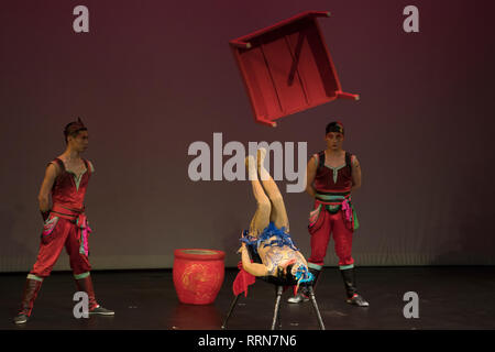 Acrobati dalla nuova Shanghai Circus eseguita incredibili prodezze di precisione, forza ed equilibrio. Foto Stock