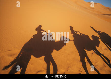 Ombre di persone a cavallo di cammelli nel deserto sabbioso, Sahara, Marocco Foto Stock