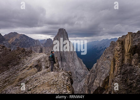 Escursionista femmina a rocciosi, remote cima, Banff, Alberta, Canada Foto Stock