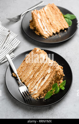Layer Cake Medovik o torta di miele sulla piastra nera, il fuoco selettivo. Fetta di torta deliziosa Foto Stock