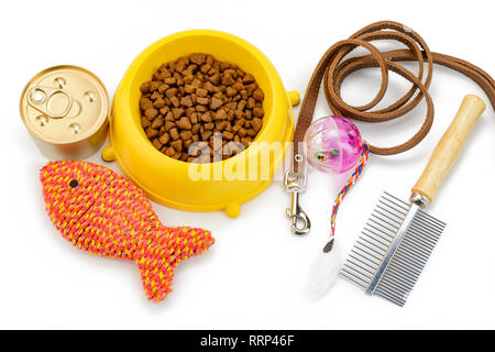Giocattoli, cibo, guinzaglio e spazzola Foto Stock