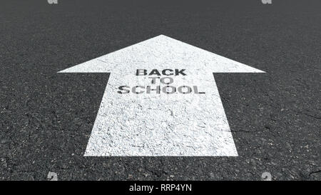 Segno di freccia su asfalto si torna a scuola, rendering 3D Foto Stock