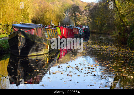 Narrowboats colorati si riflette in Rochdale Canal in autunno, Hebden Bridge, Calderdale, West Yorkshire Foto Stock