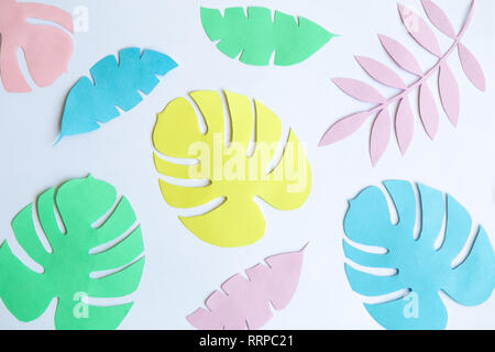 Colorate foglie tropicali fatta di carta contro uno sfondo bianco minimo creativi concetto d'estate. Foto Stock