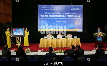 Hanoi, Vietnam. 26 Febbraio, 2019. Una speciale cerimonia di lancio del francobollo commemorativo della Repubblica democratica popolare di Corea-USA Summit si terrà ad Hanoi, Vietnam, Feb 26, 2019. Credito: Wang Shen/Xinhua/Alamy Live News Foto Stock