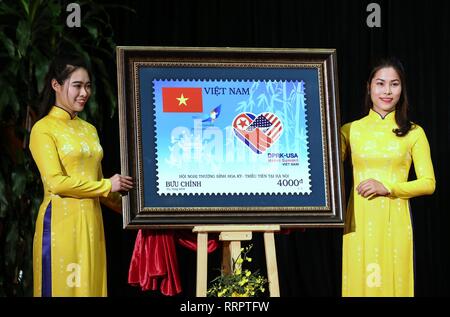 Hanoi, Vietnam. 26 Febbraio, 2019. Una speciale cerimonia di lancio del francobollo commemorativo della Repubblica democratica popolare di Corea-USA Summit si terrà ad Hanoi, Vietnam, Feb 26, 2019. Credito: Wang Shen/Xinhua/Alamy Live News Foto Stock