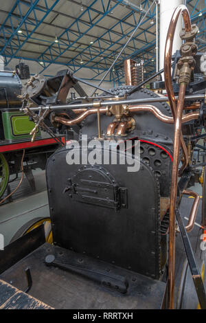 L'aria aperta la cabina sulla replica di Stephenson's Rocket, come è apparso nel 1829 in mostra al Museo nazionale delle ferrovie, York, UK. Foto Stock