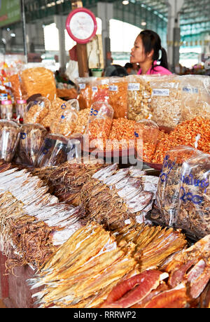 Cha-am, Phetchaburi, Tailandia - 25 Giugno 2011: Femmina venditore a vendere una varietà di acqua salata Pesci secchi, calamari e frutti di mare presentato al mercato centrale Foto Stock