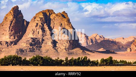 Bellissimo paesaggio costituito da montagne rocciose e un oasi di verde nel centro del Wadi Rum desert in Giordania. Foto Stock