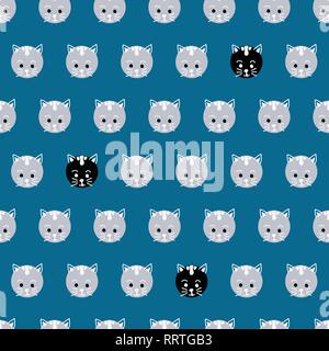 Cute cat facce vettore seamless pattern. Carino kitty pois su sfondo blu. Divertimento geometrico kids design. Utilizzare per il tessuto, decorazioni per bambini, la confezione regalo, imballaggio, carta digitale, carte, vivaio. Illustrazione Vettoriale