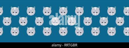 Cute cat facce vettore senza giunture confine. Carino kitty pois su sfondo blu. Divertimento geometrico kids design. Utilizzare per il tessuto, decorazioni per bambini, la confezione regalo, imballaggio, carta digitale, carte, vivaio. Illustrazione Vettoriale